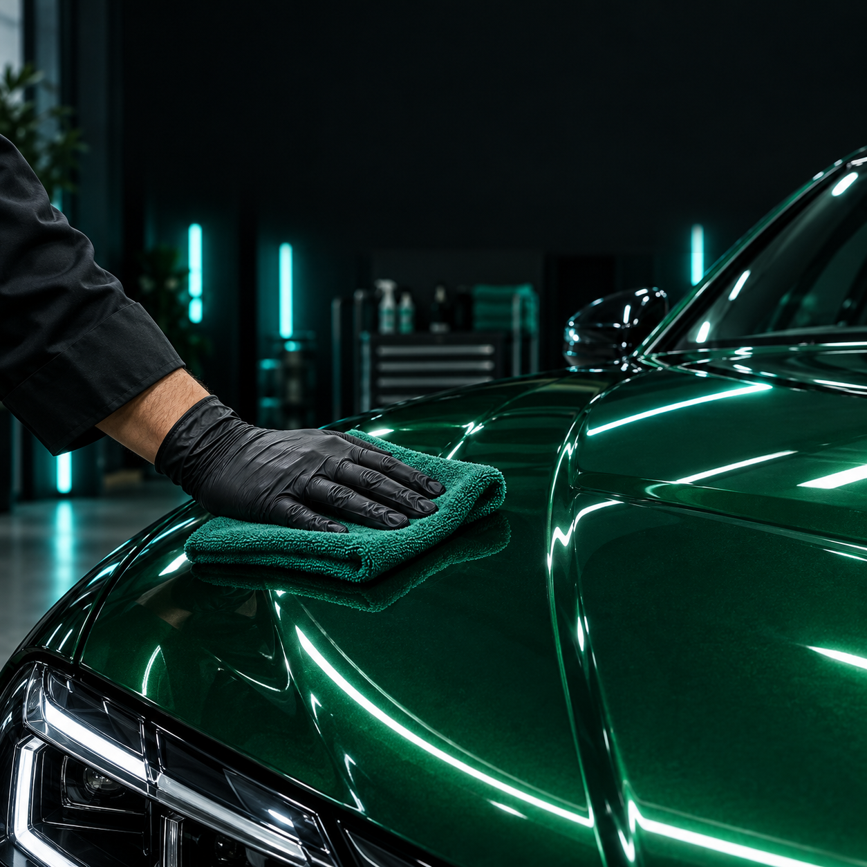 Cuidado com a pintura de um carro verde usando microfibra, imagem ilustrativa